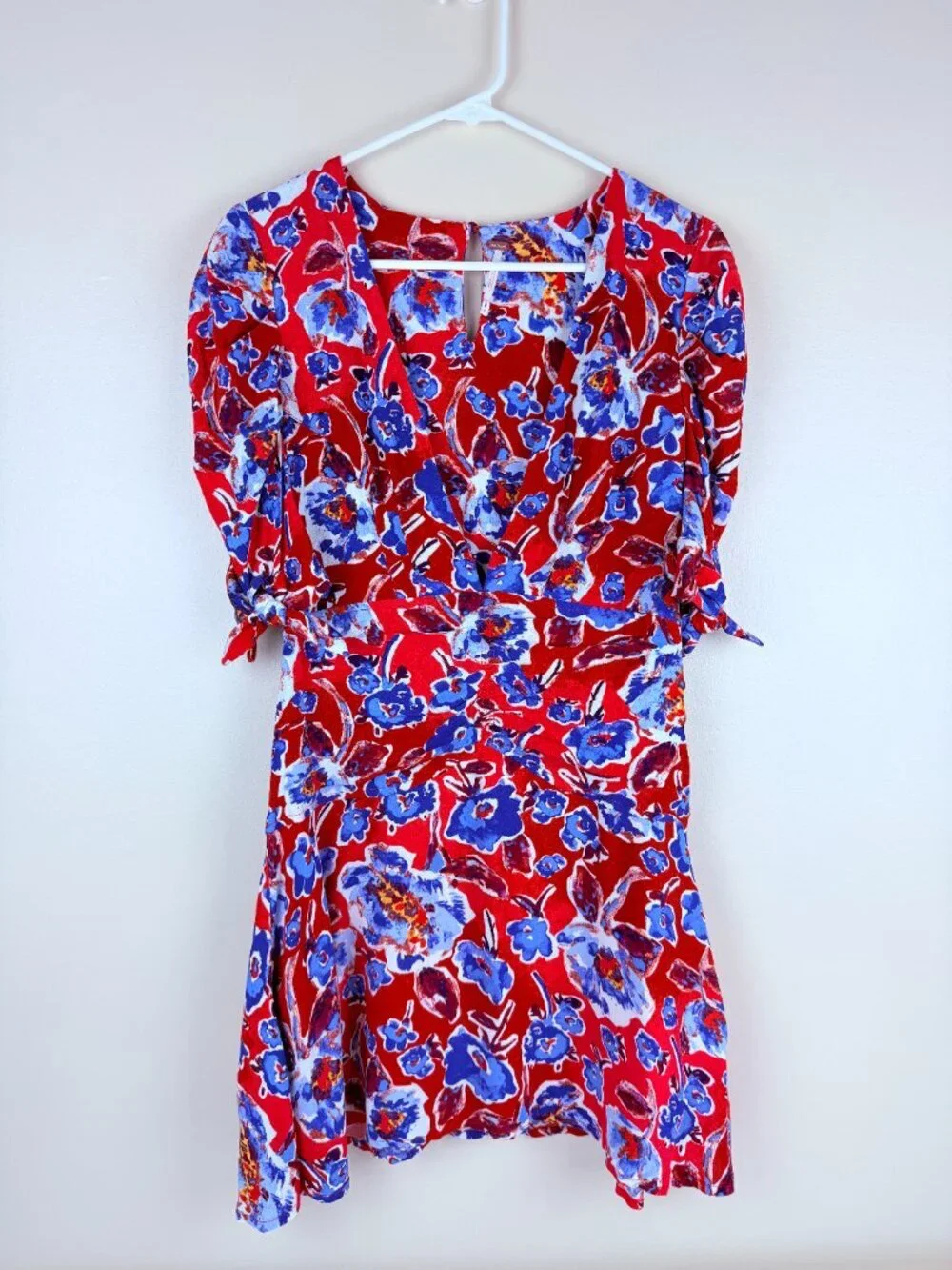 Free People Red Blue Painterly Floral Feminine Short Sleeve Mini Dress